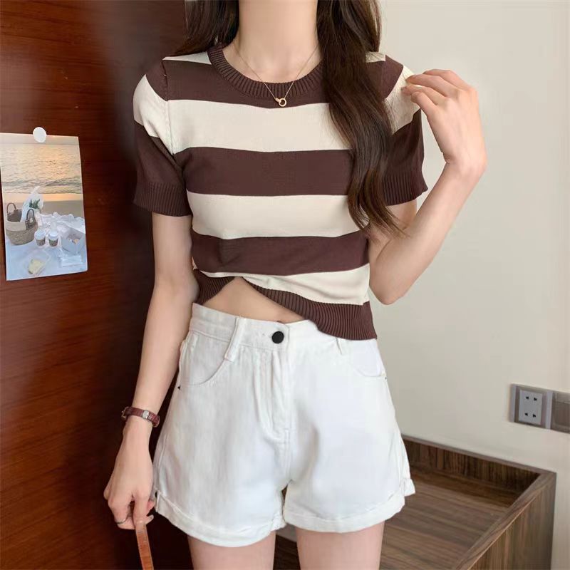 Summer New Striped Short Sleeve Women Slim Fit Slimming Top