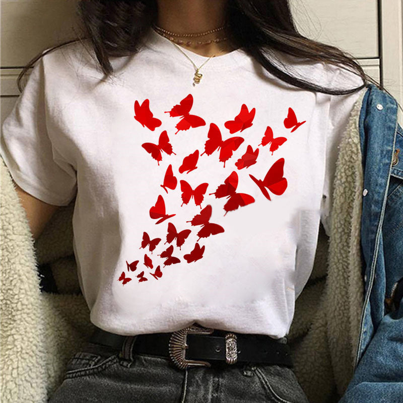 Printed White Ladies Casual Loose Personality Short Sleeves