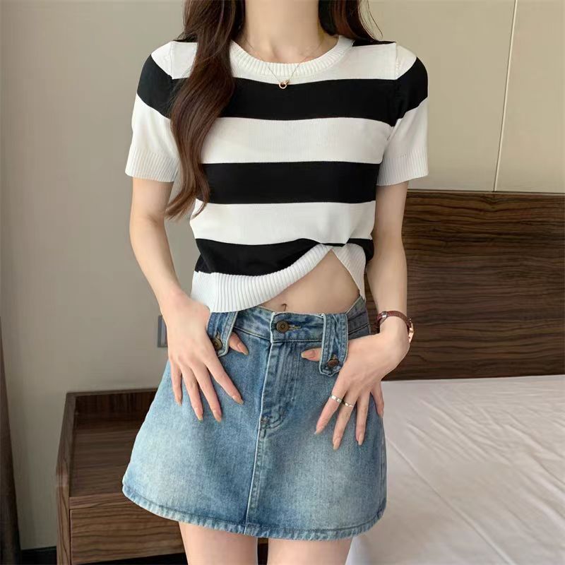 Summer New Striped Short Sleeve Women Slim Fit Slimming Top
