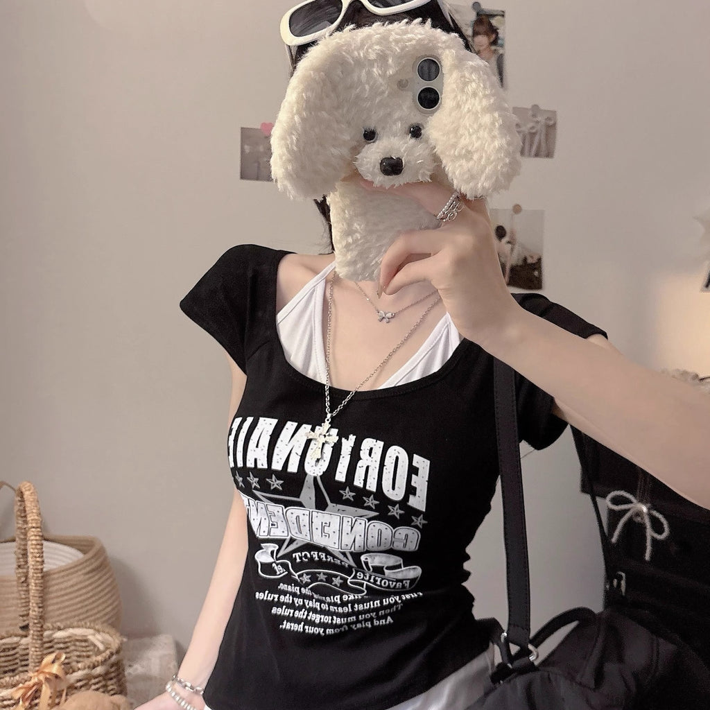 American-style Sweet Two-piece Look Contrast-color Short-sleeve T-shirt