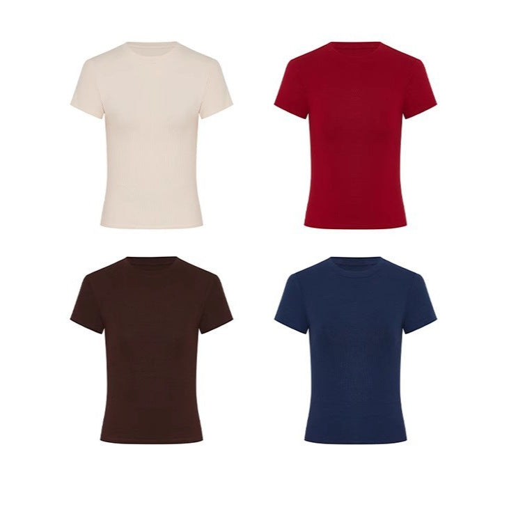 Tight Waist Shoulder T-shirt Top Short Sleeve