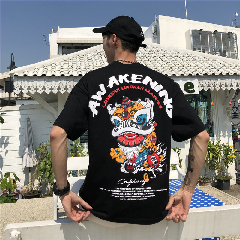 Short Sleeve T-shirt Men''s Fashion Student Loose Harajuku Style Medium Sleeve