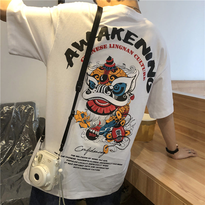Short Sleeve T-shirt Men''s Fashion Student Loose Harajuku Style Medium Sleeve