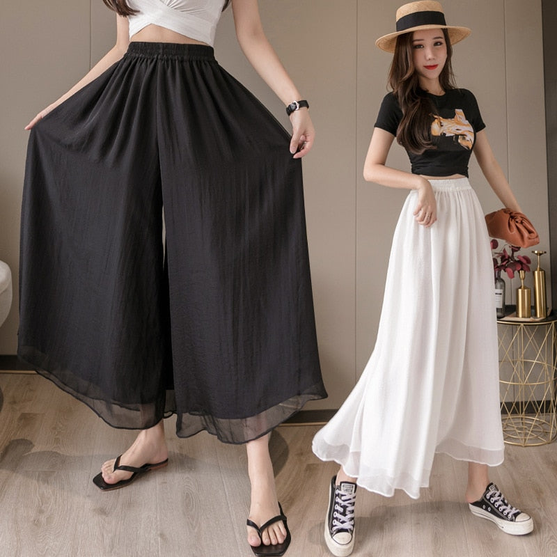 Double layer chiffon wide-leg pants nine-point hakama