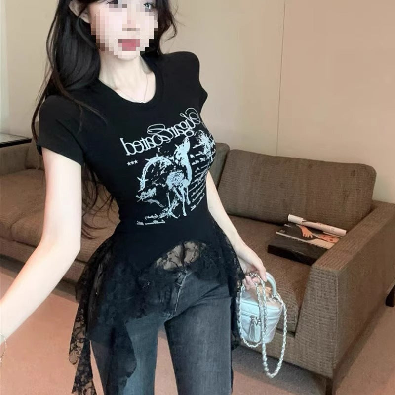 Lace-Panel American Chic Short-Sleeve Womens T-Shirt