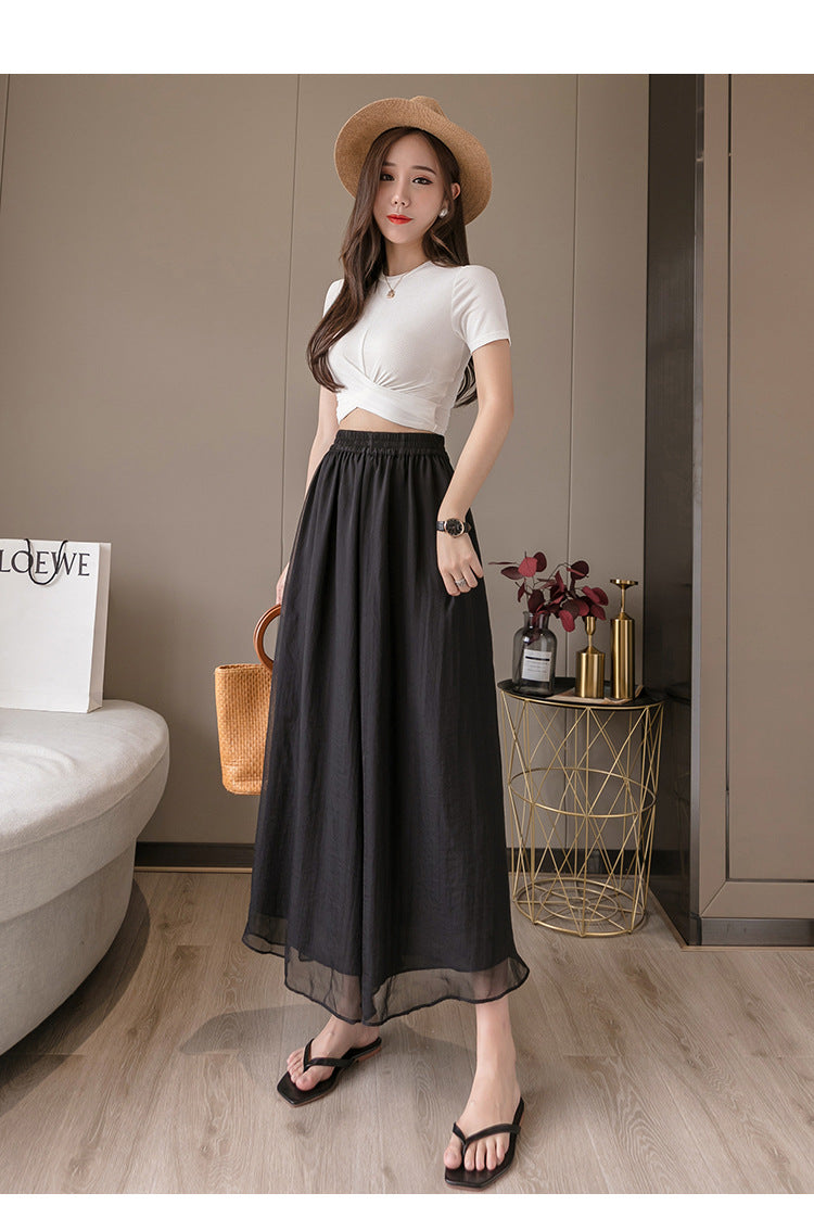 Double layer chiffon wide-leg pants nine-point hakama