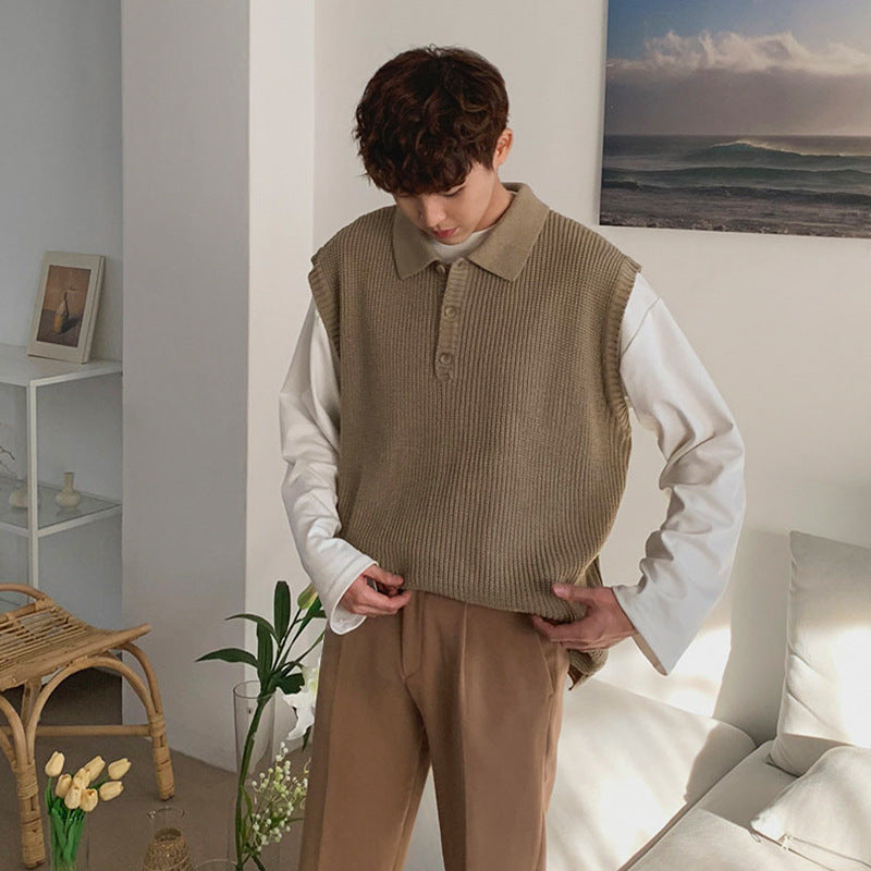 Mens Loose-fit V-neck Knitted Sweater Versatile Solid-color Outerwear Vest