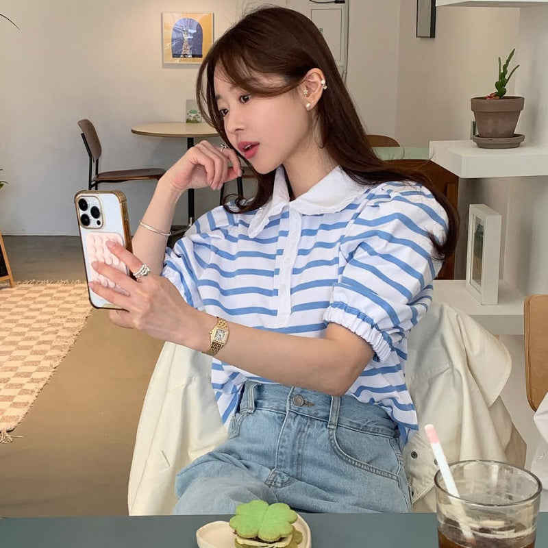 Youthful And Elegant POLO-collar Design Loose-fitting Versatile Short-sleeve Striped T-shirt