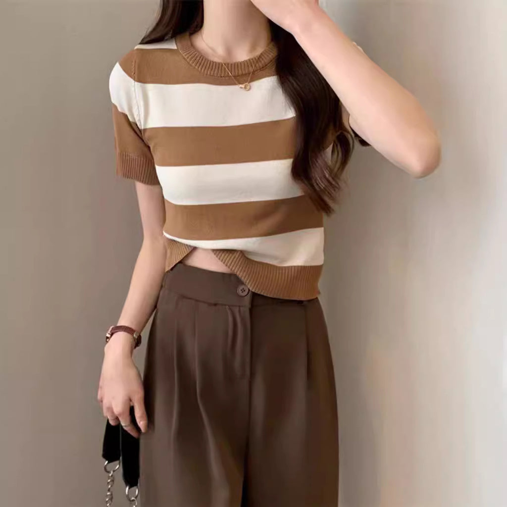 Summer New Striped Short Sleeve Women Slim Fit Slimming Top