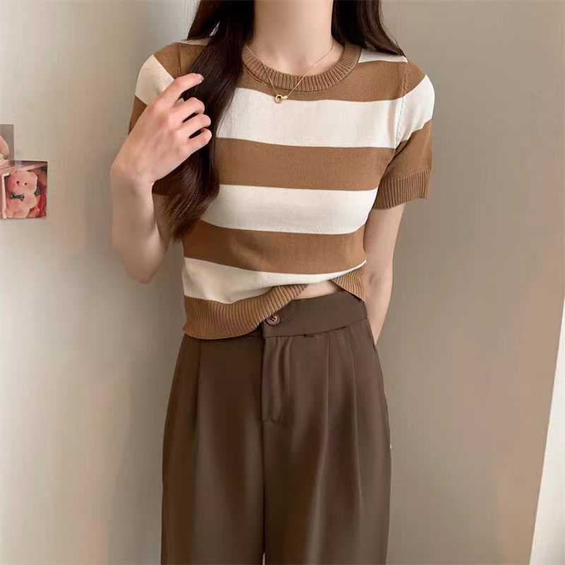 Summer New Striped Short Sleeve Women Slim Fit Slimming Top