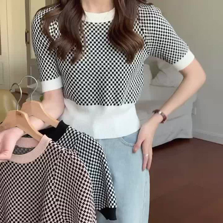 Womens Retro Plaid Color-Block Short-Sleeve Top