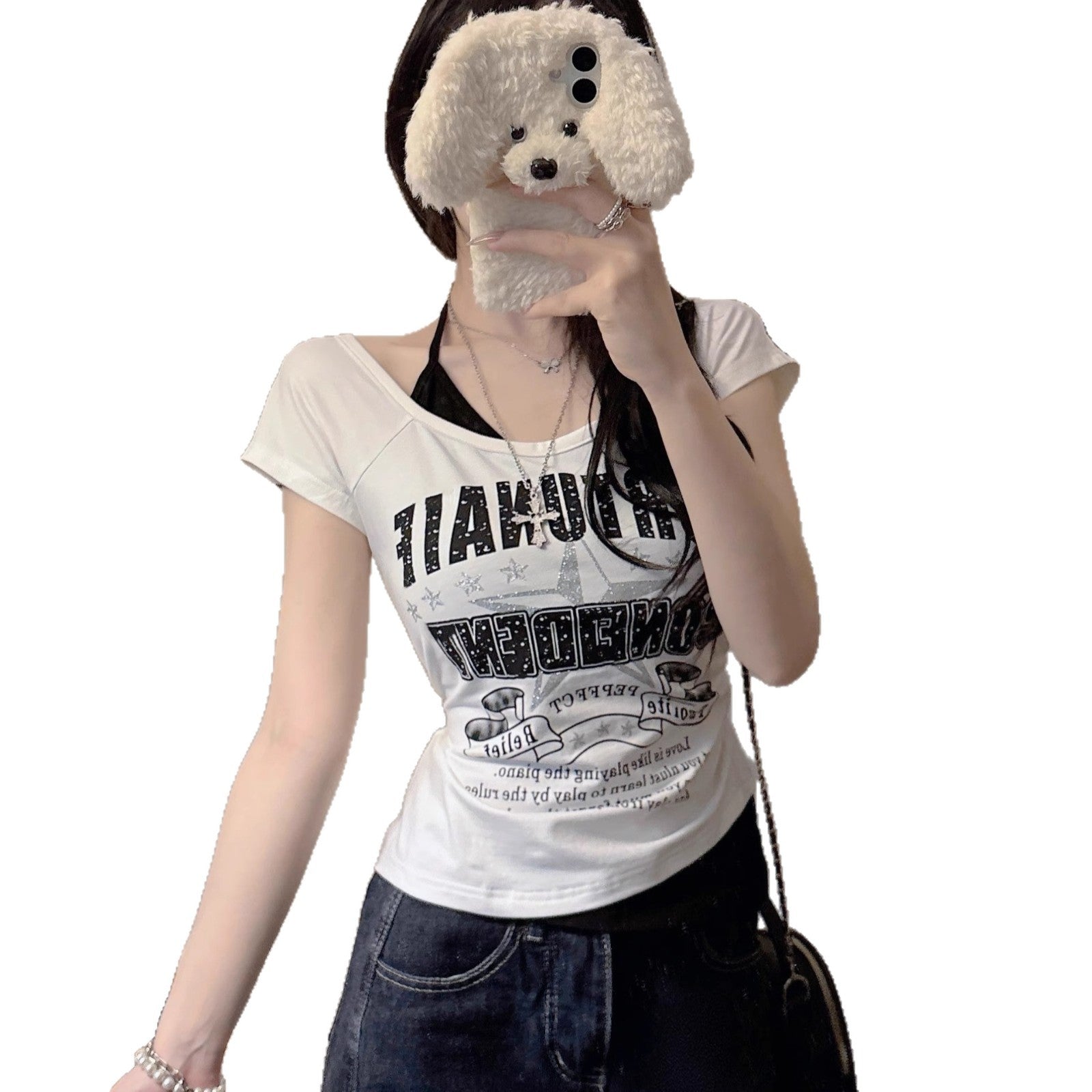 American-style Sweet Two-piece Look Contrast-color Short-sleeve T-shirt