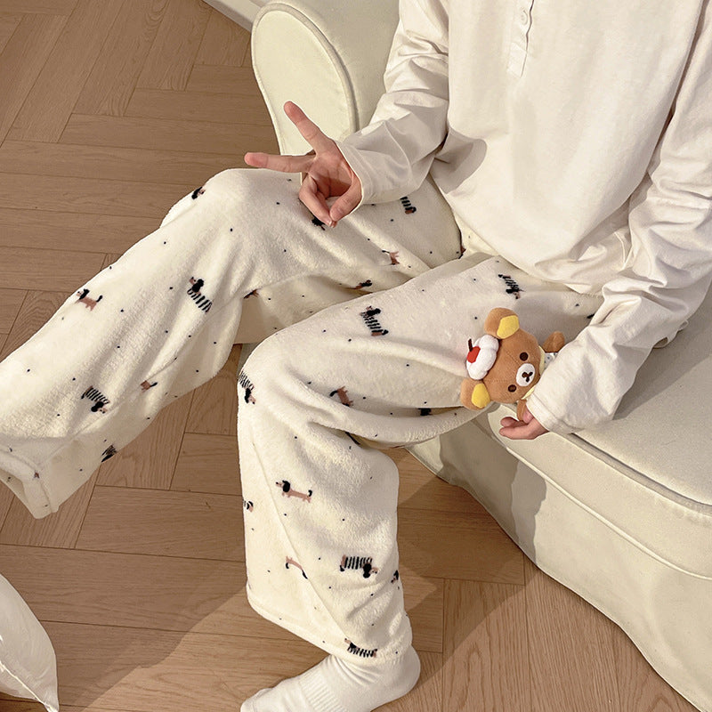 Flannel Pajamas Women Autumn Winter Fleece-lined Thickened Casual Cartoon Home Pants