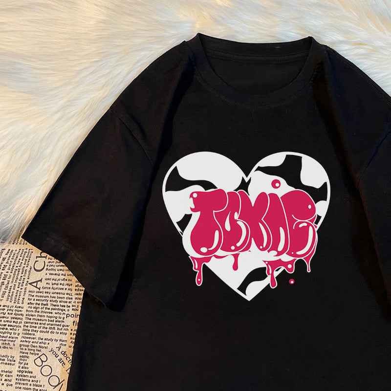 Womens Loose-Fit Heart-Print Short-Sleeve Top