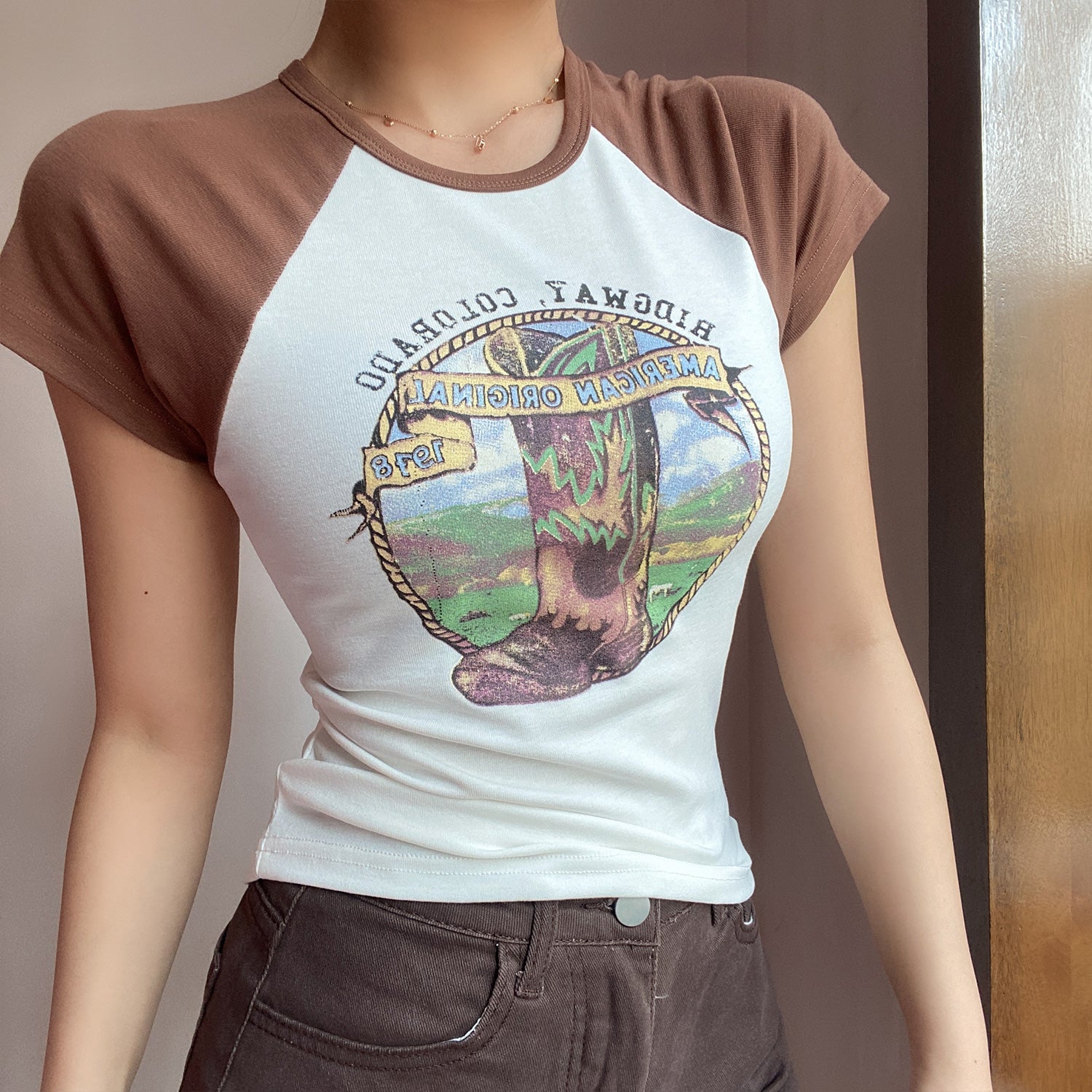 Retro Crew Neck Raglan Stitching Letter Print Short-sleeve T-shirt