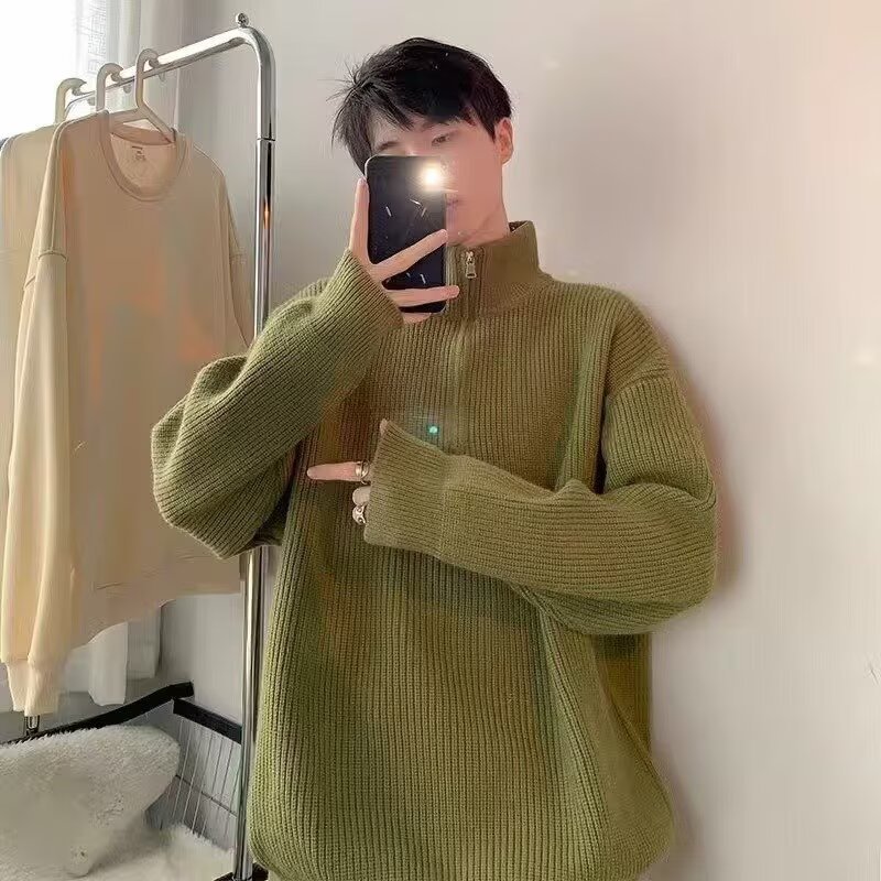 American-style Half Zipper Destroyed Sweater Men's Autumn And Winter Loose Lazy Style