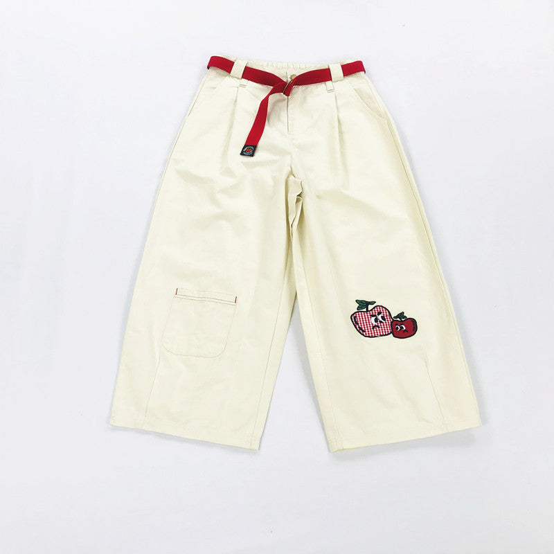 Fruit Embroidered Beige Bloomers Cropped Trousers