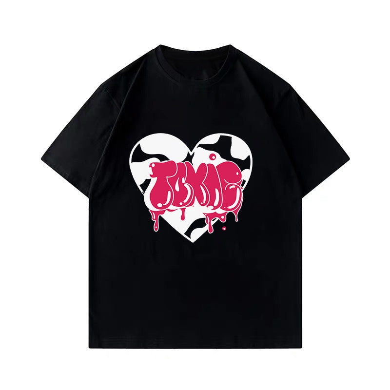 Womens Loose-Fit Heart-Print Short-Sleeve Top