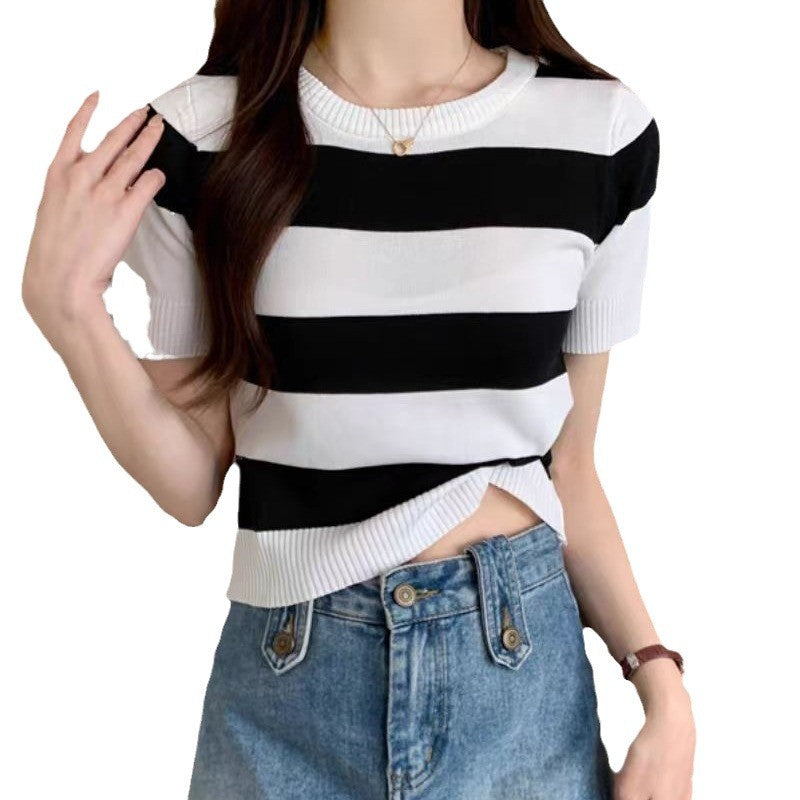 Summer New Striped Short Sleeve Women Slim Fit Slimming Top