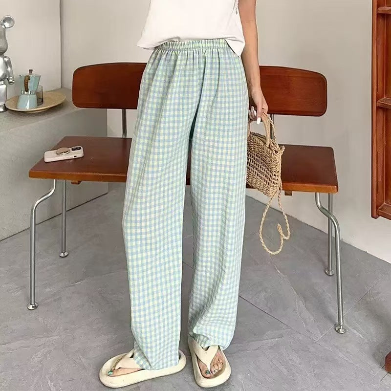 Japanese Style Plaid Casual Wide-leg Pants For Women