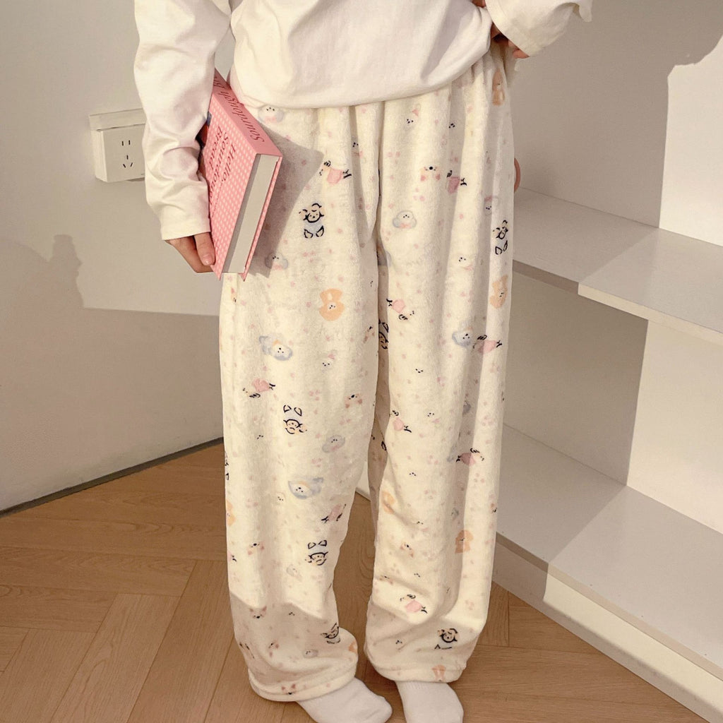 Flannel Pajamas Women Autumn Winter Fleece-lined Thickened Casual Cartoon Home Pants