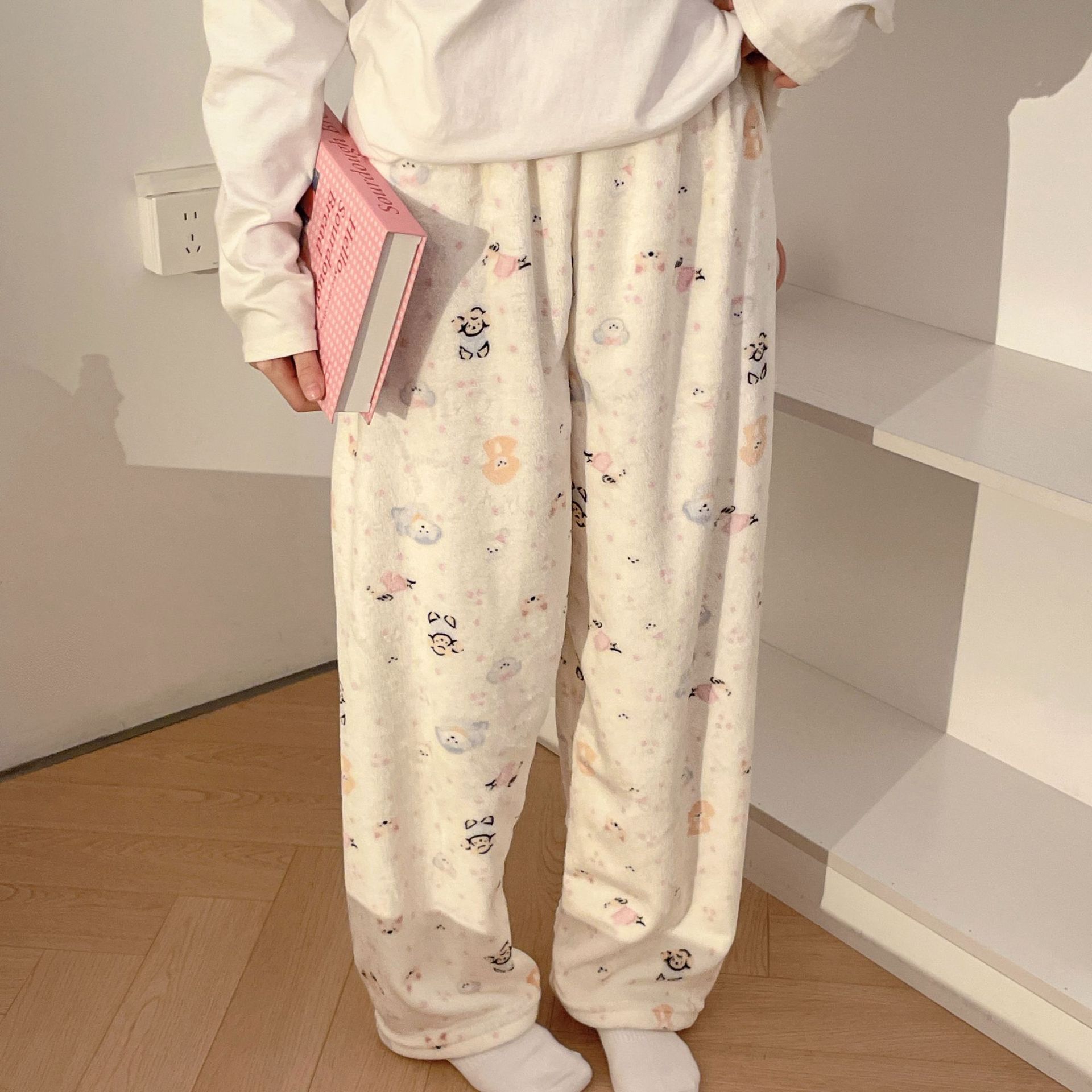 Flannel Pajamas Women Autumn Winter Fleece-lined Thickened Casual Cartoon Home Pants