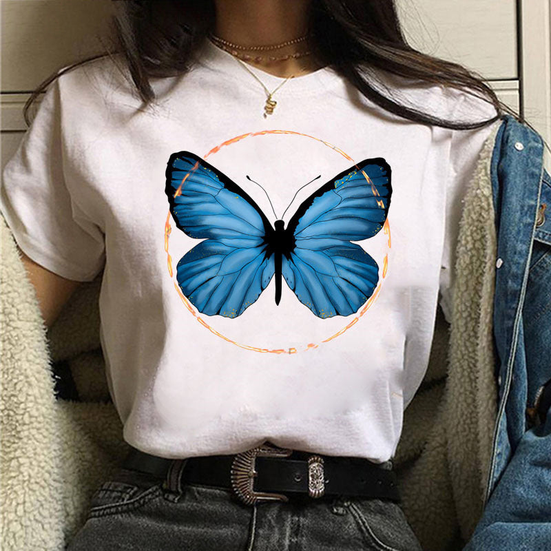 Printed White Ladies Casual Loose Personality Short Sleeves