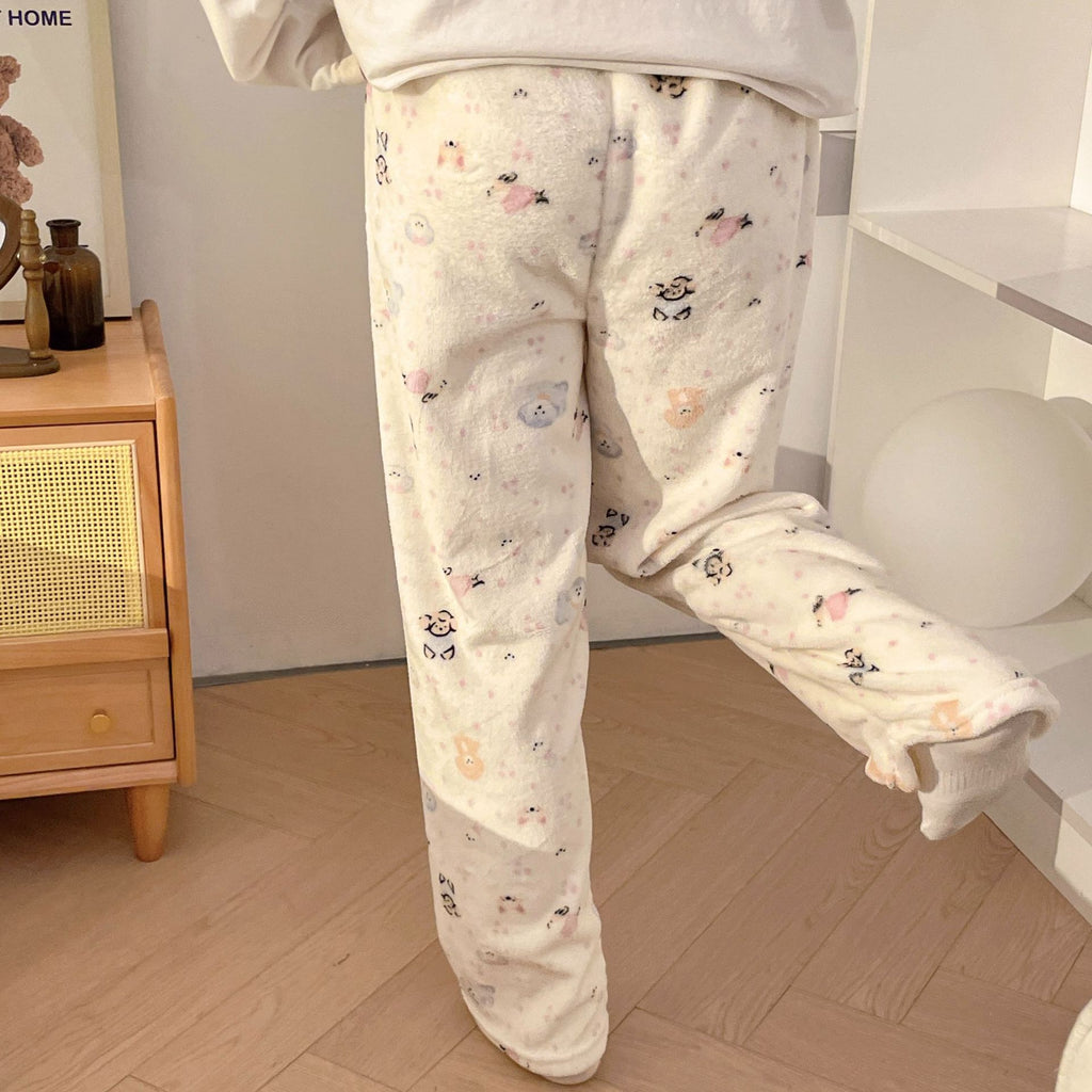 Flannel Pajamas Women Autumn Winter Fleece-lined Thickened Casual Cartoon Home Pants