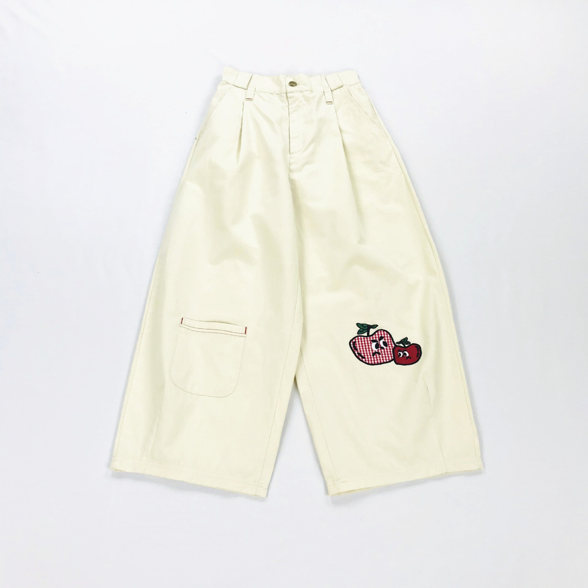 Fruit Embroidered Beige Bloomers Cropped Trousers