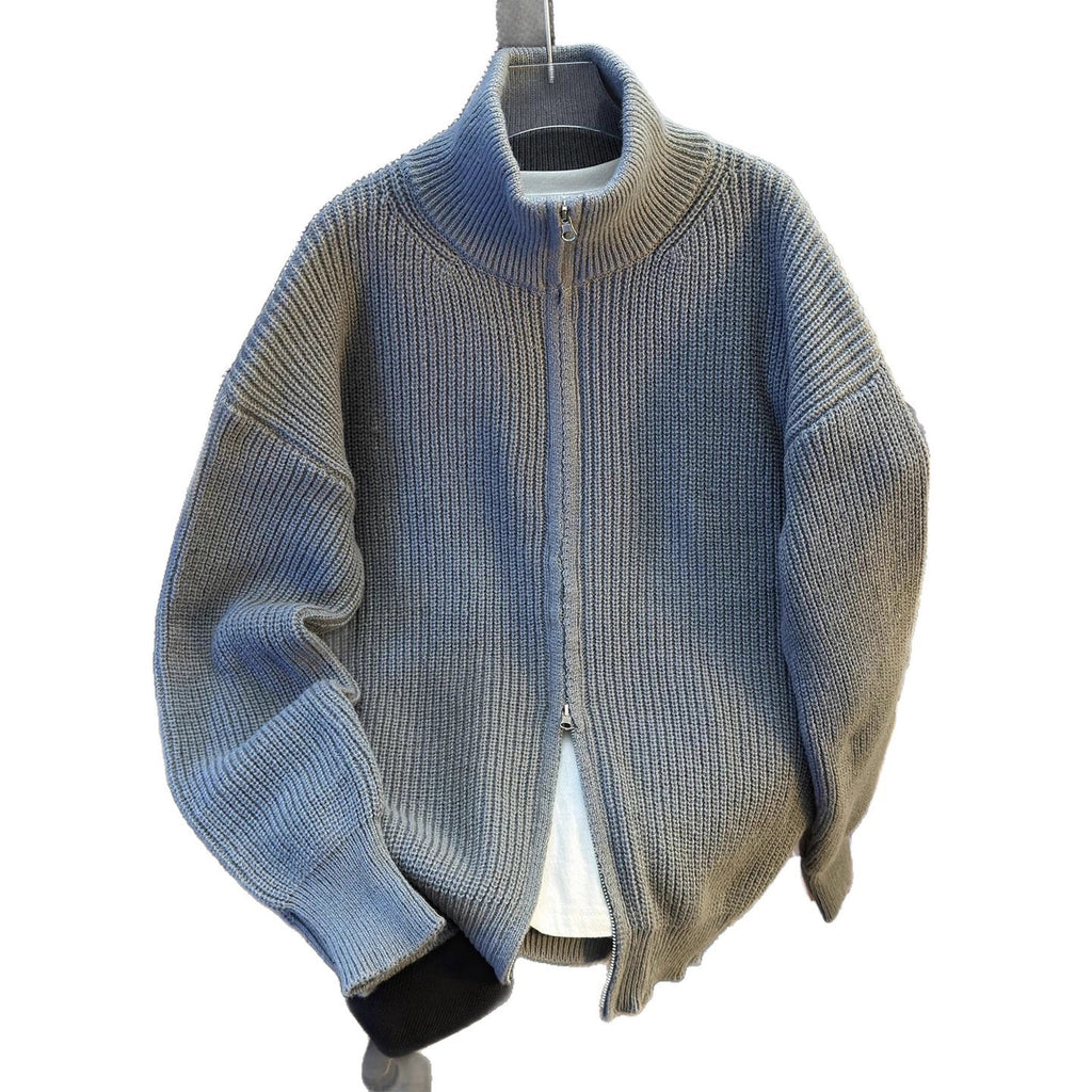 Mens Hip-Hop Retro Zip-Up Knitted Cardigan Warm Sweater
