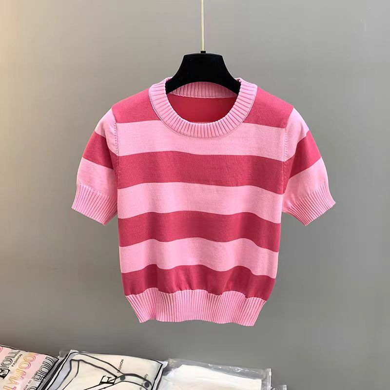 Summer New Striped Short Sleeve Women Slim Fit Slimming Top
