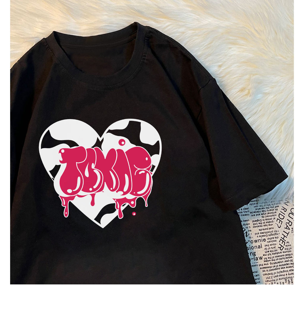 Womens Loose-Fit Heart-Print Short-Sleeve Top