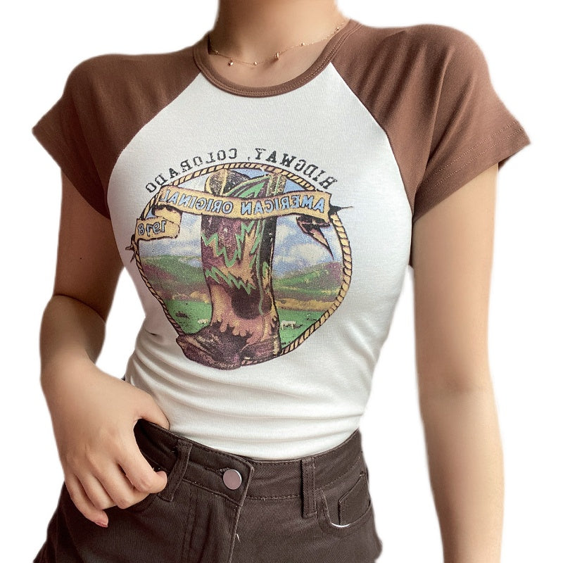Retro Crew Neck Raglan Stitching Letter Print Short-sleeve T-shirt