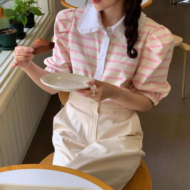 Youthful And Elegant POLO-collar Design Loose-fitting Versatile Short-sleeve Striped T-shirt
