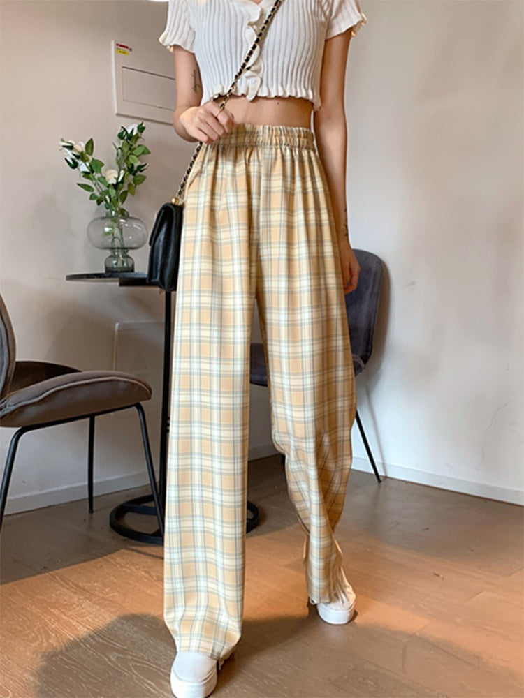 Women's Spring Thin Loose And Casual Plaid Trousers High Waist