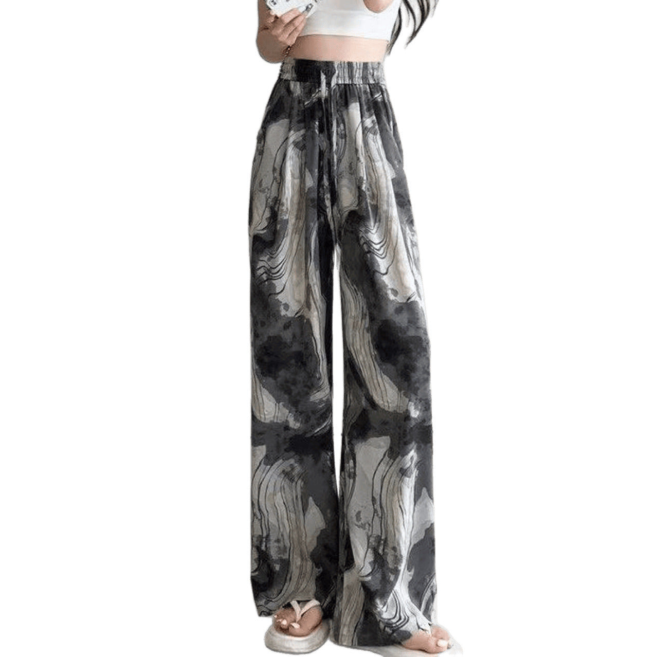 Tie-dyed Ink Painting Elastic High Waist Loose Casual Pants