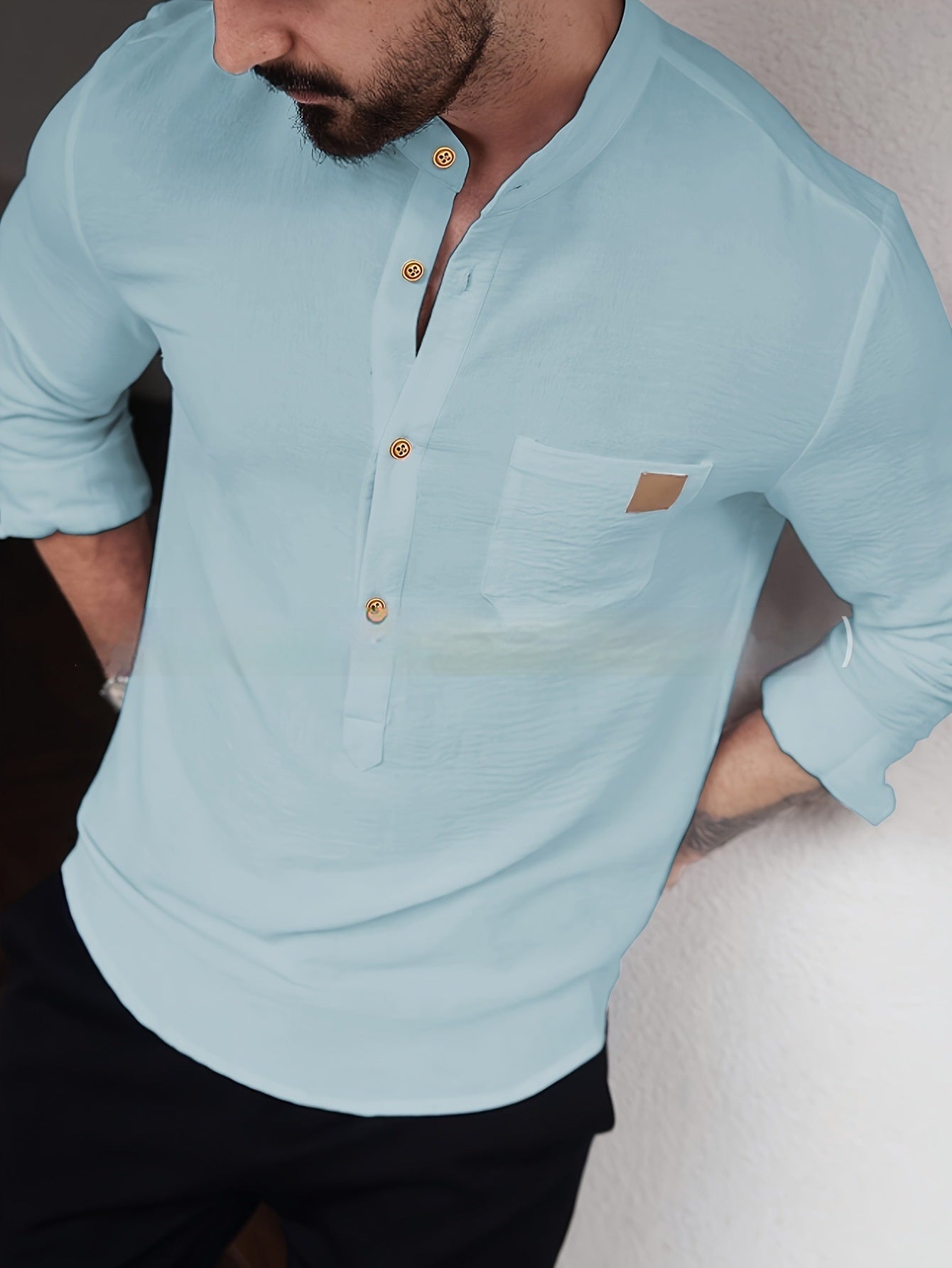Mens Stylish Personalized Pleated Soft Skin-Friendly Long-Sleeve Shirt
