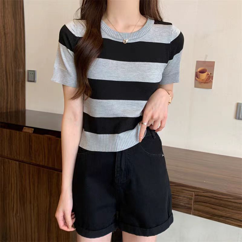 Summer New Striped Short Sleeve Women Slim Fit Slimming Top
