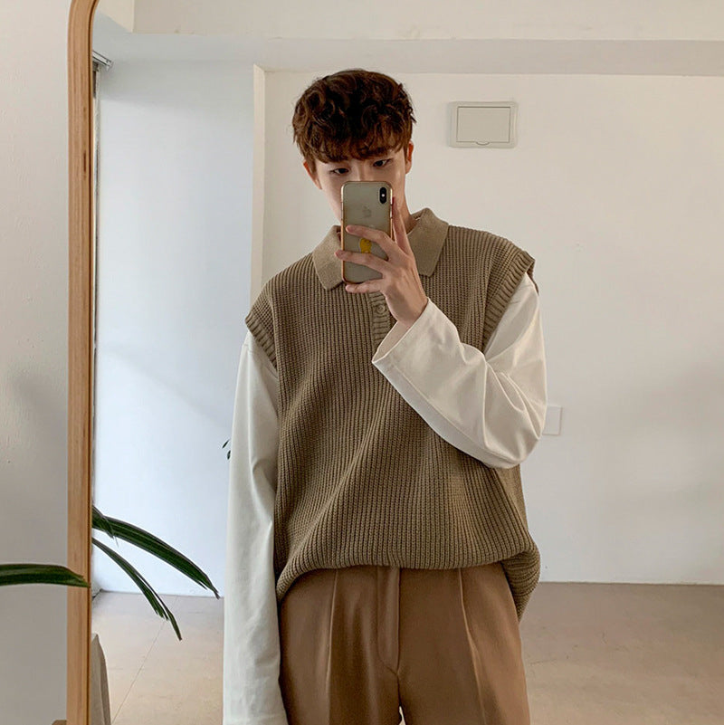 Mens Loose-fit V-neck Knitted Sweater Versatile Solid-color Outerwear Vest