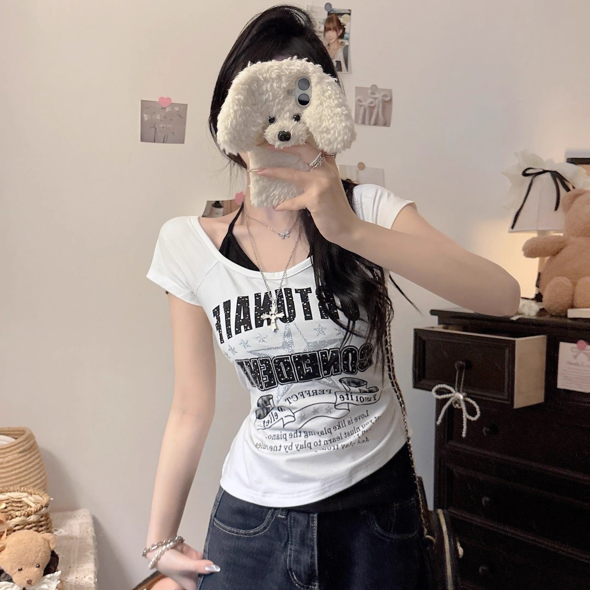 American-style Sweet Two-piece Look Contrast-color Short-sleeve T-shirt