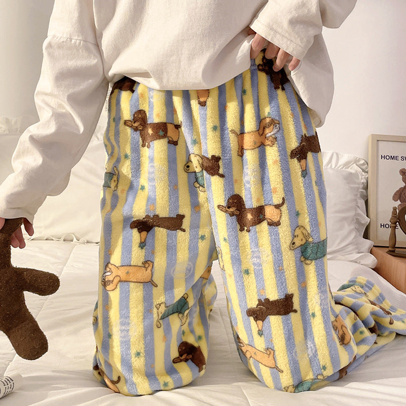 Flannel Pajamas Women Autumn Winter Fleece-lined Thickened Casual Cartoon Home Pants