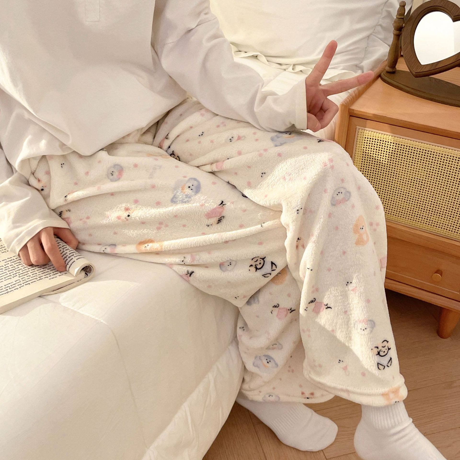 Flannel Pajamas Women Autumn Winter Fleece-lined Thickened Casual Cartoon Home Pants