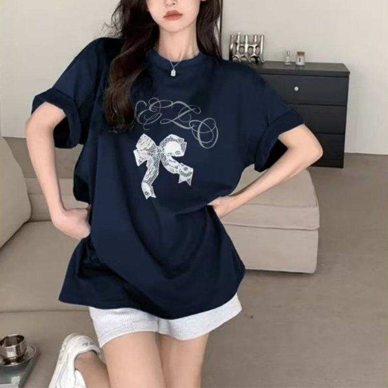 New Summer Style Gray Short-sleeve Top With A French-style Bow