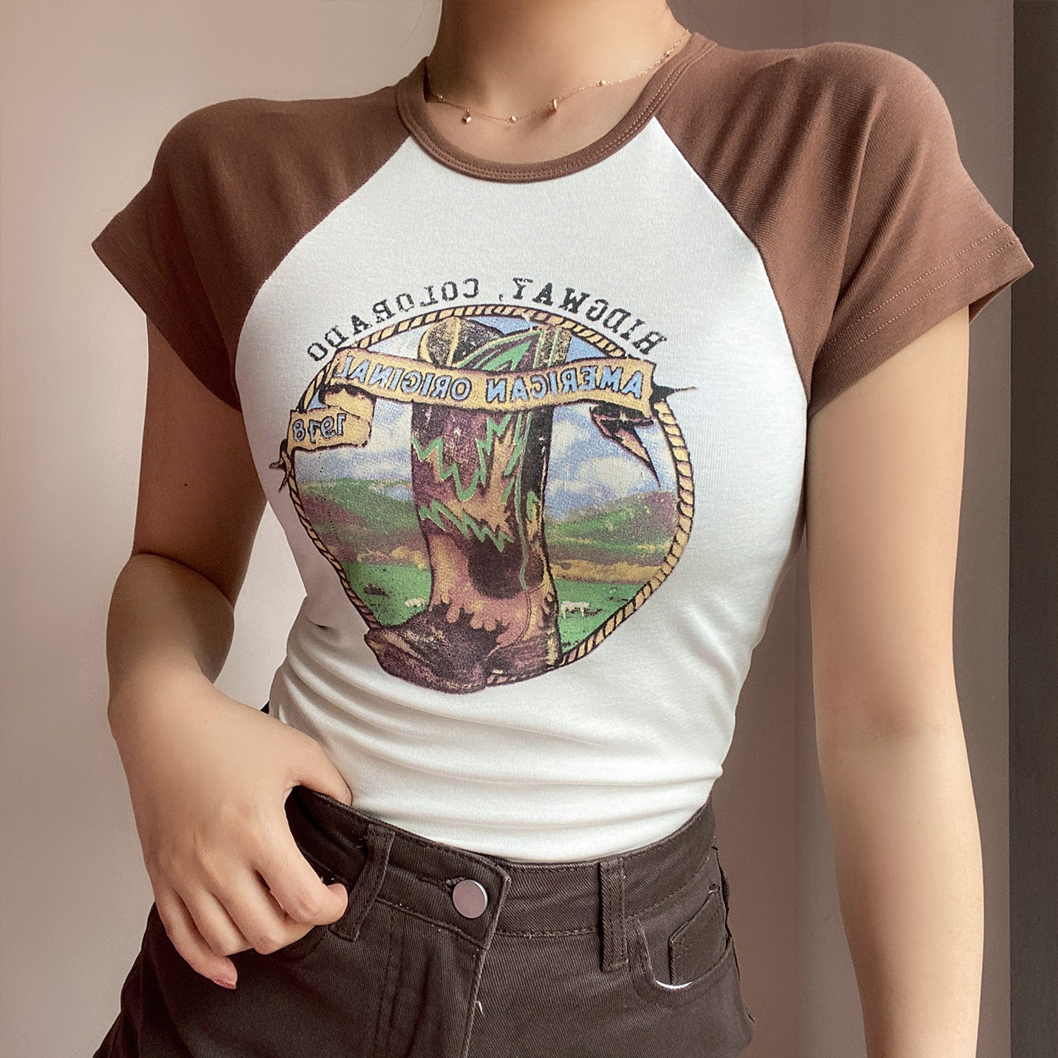 Retro Crew Neck Raglan Stitching Letter Print Short-sleeve T-shirt