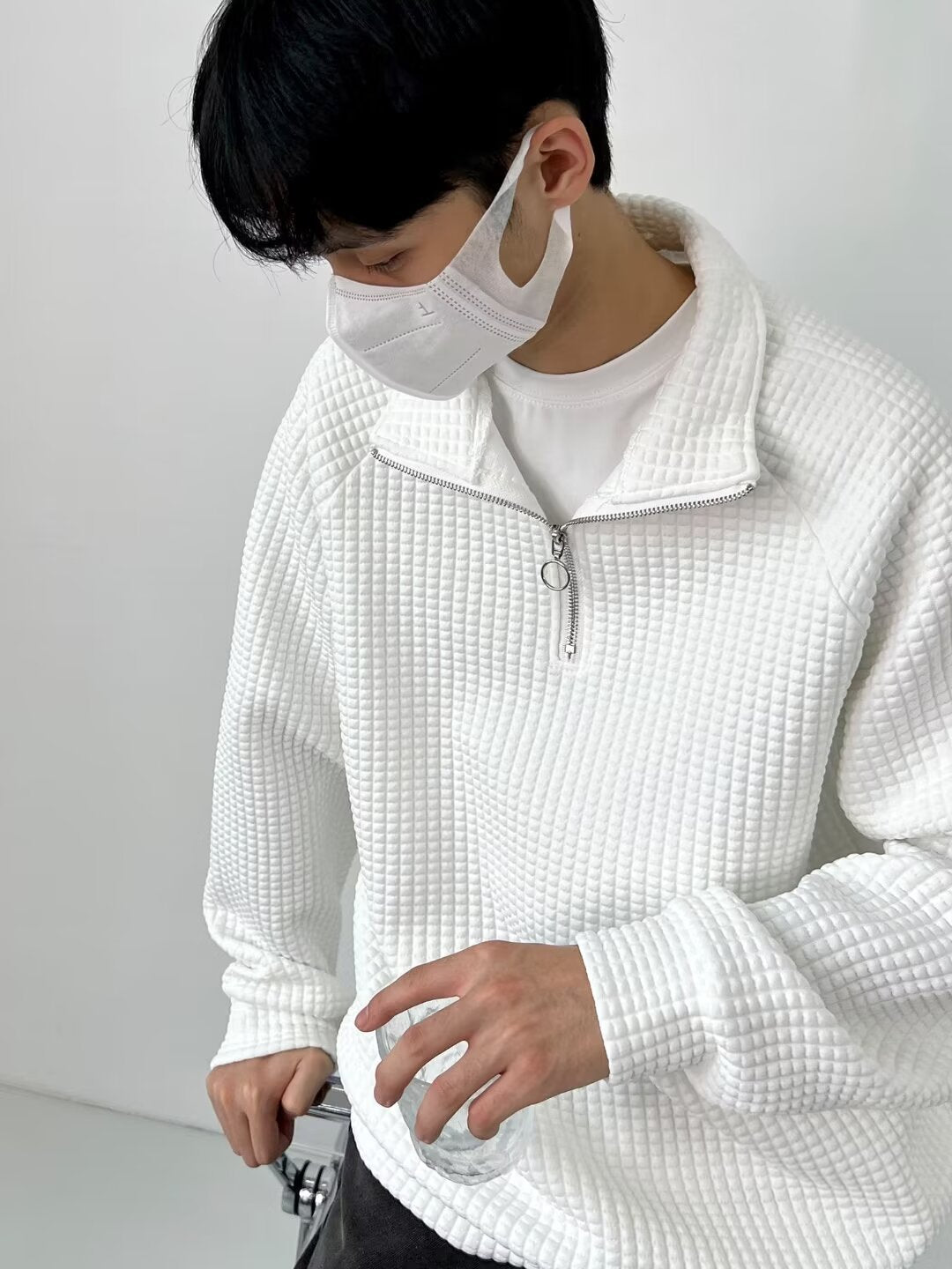 Waffle Half Zipper Casual Lapel Men's Sweater