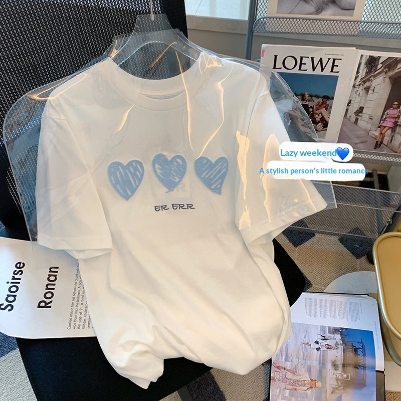 Womens Summer White Heart Graffiti Short-Sleeve T-Shirt