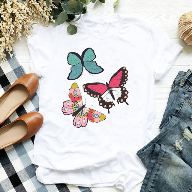 Printed White Ladies Casual Loose Personality Short Sleeves