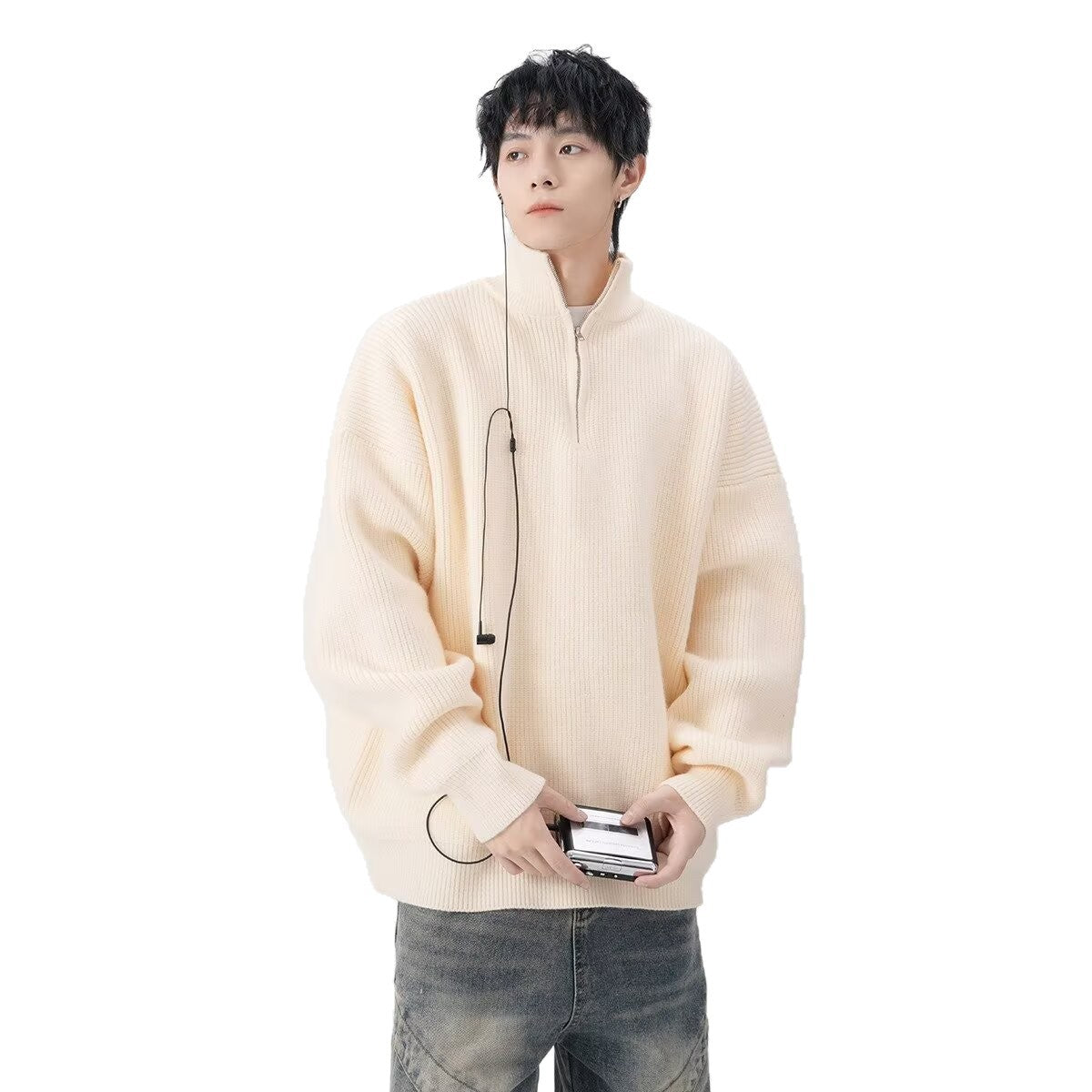 American-style Half Zipper Destroyed Sweater Men's Autumn And Winter Loose Lazy Style