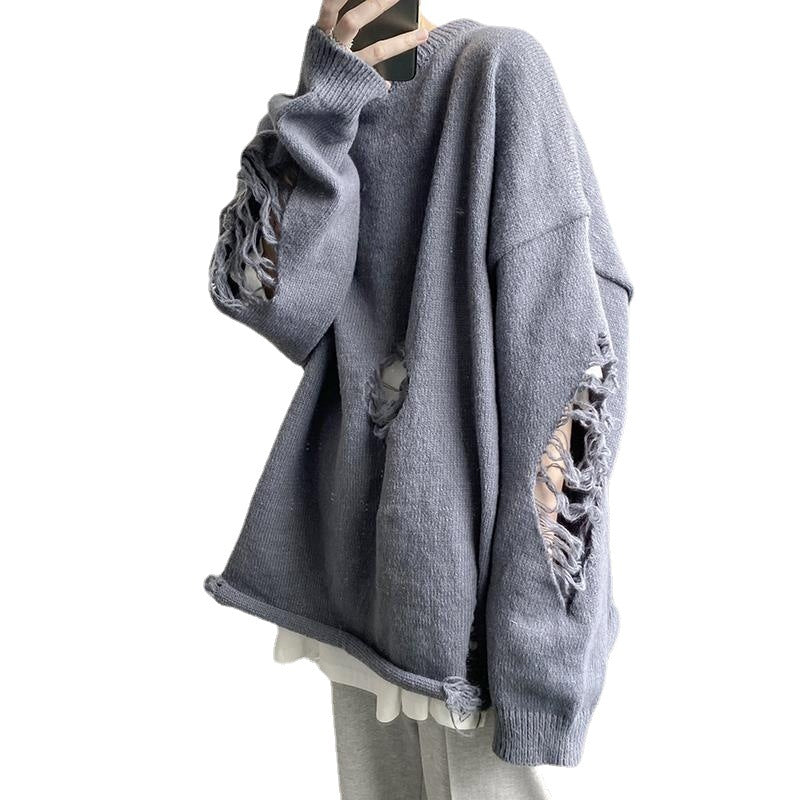Solid Color Torn Sweater For Men In Autumn And Winter