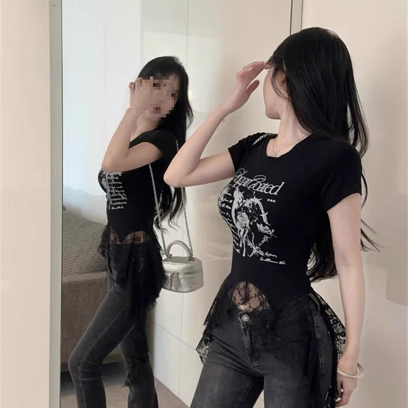 Lace-Panel American Chic Short-Sleeve Womens T-Shirt